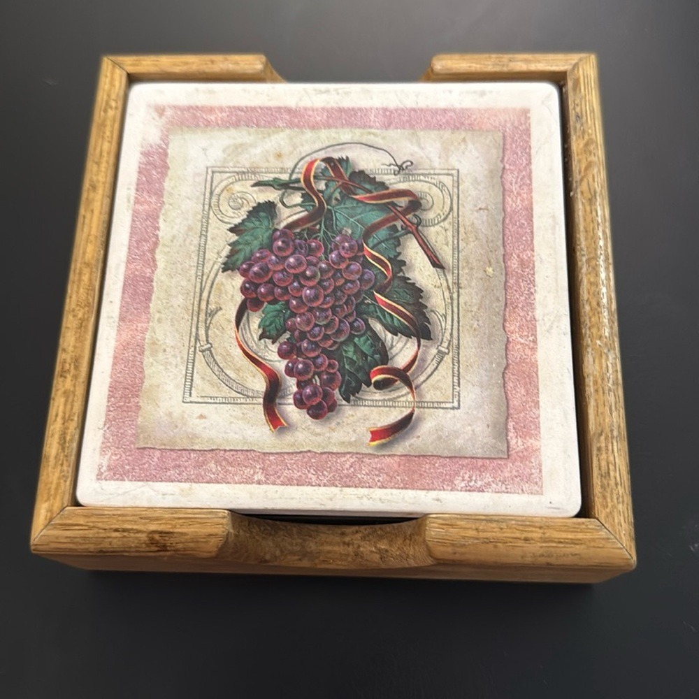 Vintage Grape Ceramic Coaster Set w/ Hand carved Wood Holder Cork Backed 4 Piece